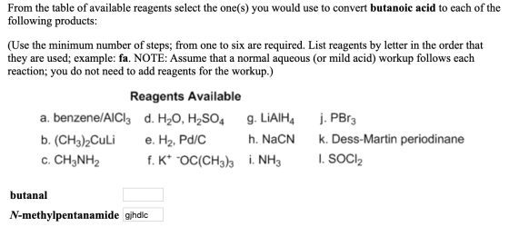 From the table of available reagents select the one(s) you would use to convert butanoic acid to each of the following produc