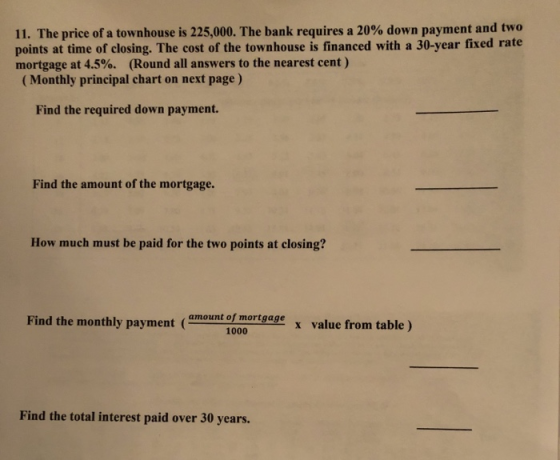 11. The price of a townhouse is 225,000. The bank requires a 20% down payment and two points at time of closing. The cost of