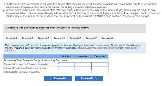 f. Utilities and sales commissions are paid the month after they are incurred; all other expenses are paid in the month in wh