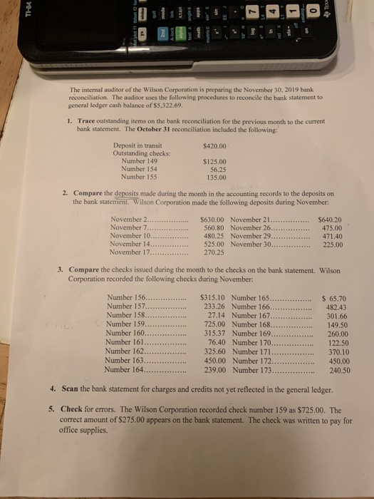 2nd The internal auditor of the Wilson Corporation is preparing the November 30, 2019 bank reconciliation. The auditor uses t