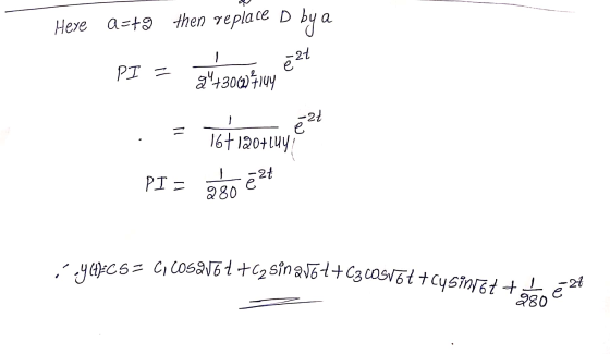 © 27 -2t e 19-C5 = Ci cosavat +C2 Sin aját+c3cosvát + cysintotta Here a=+9 then replace D by a PI = 9473004144 164120+LUY PI