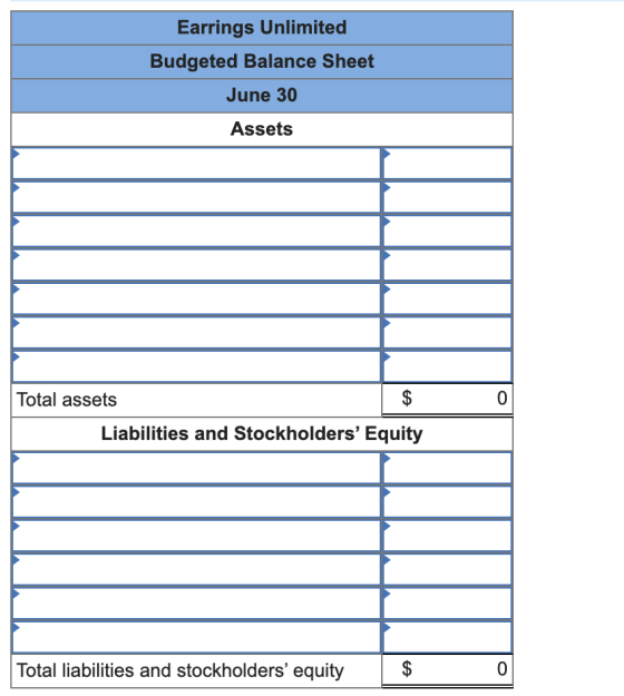 Earrings Unlimited Budgeted Balance Sheet June 30 Assets 0 Total assets Liabilities and Stockholders Equity Total liabilitie