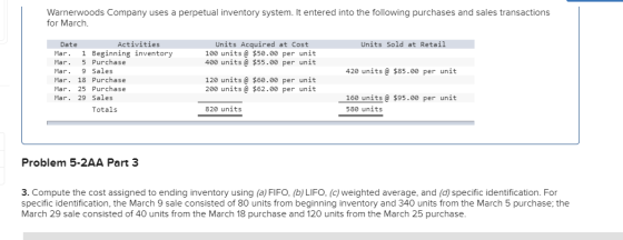 Warnerwoods Company uses a perpetual inventory system. It entered into the following purchases and sales transactions for Mar