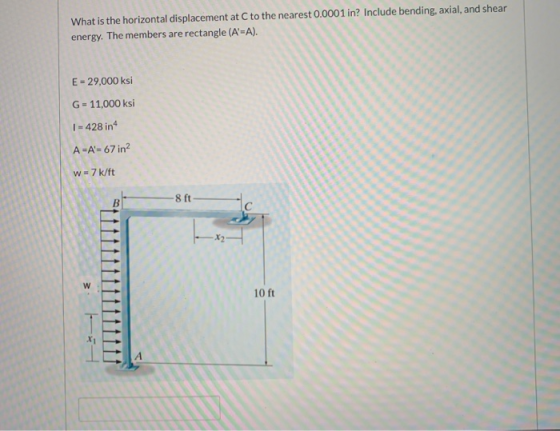 What is the horizontal displacement at C to the nearest 0.0001 in? Include bending, axial, and shear energy. The members are