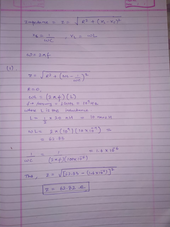 age NO. Date:I ヒー 0) where L is the inolutance 2 = 62.83 со С Z= 62-324