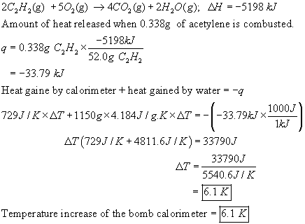 2C2H2(g) 502 (g) 4CO2 (g)2H20(g), H5198 kJ Amount of heat released when 0.338g of acetylene is combusted 5198kJ -0.338g C,H2