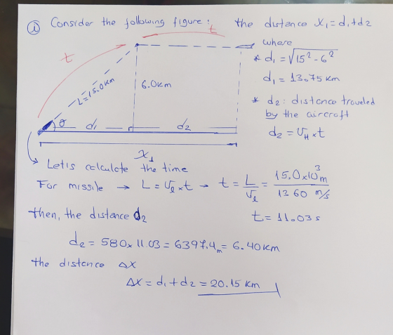 a Consider the following figure: the distance X,=ditda where ---- 16.0km : *d, = √152_6? di = 13075 km * de: distance travele