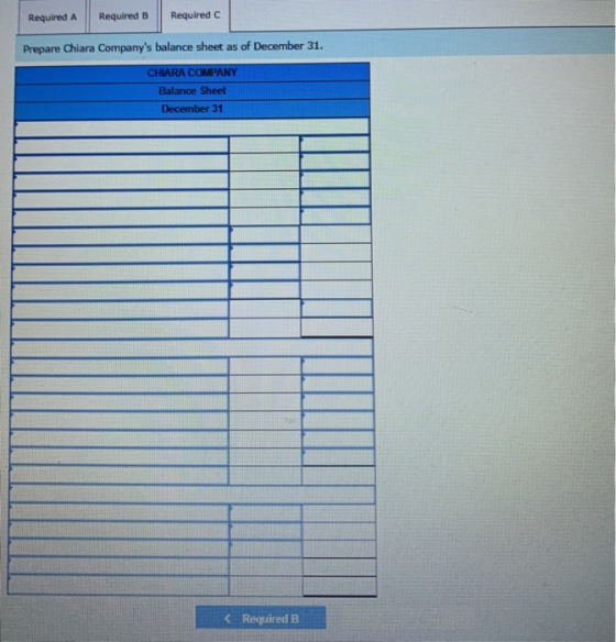Required A Required B Required C Prepare Chiara Companys balance sheet as of December 31. CHIARA COMPANY Balance Sheet Decem