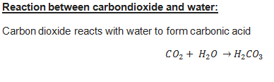 Reaction between carbondioxide and water: Carbon dioxide reacts with water to form carbonic acid CO2 + H2O + H2CO3