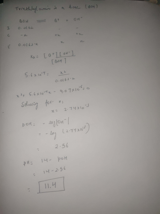 Triethlyl amine is a base (bon) аt + он Вои о. ol 62 т o.o1 62 - Кs: Lo1 он-1 ( от 1 5. (xto- o.ol 62- 5. 6 хоч - 9. о 1x ( о