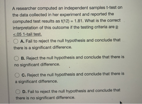 A researcher computed an independent samples t-test on the data collected in her experiment and reported the computed test re