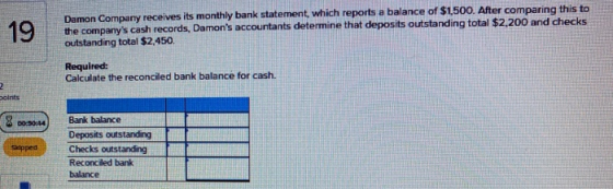 19 Damon Company receives its monthly bank statement, which reports a balance of $1,500. After comparing this to the company