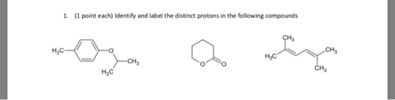 1. (1 point each) Identify and label the distinct protons in the following compounds