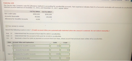 Exercise 229 The Garvey Sign Company Selected uses the allowance method in accounting for uncollectible accounts. Past accoun