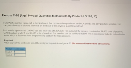 Exercise 11-53 (Algo) Physical Quantities Method with By-Product (LO 11-8, 10) Trans-Pacific Lumber runs a mill in the Northw