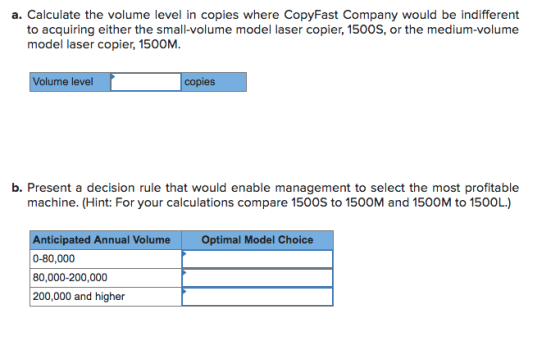 a. Calculate the volume level in copies where CopyFast Company would be indifferent to acquiring either the small-volume model laser copier, 1500S, or the medium-volume model laser copier, 1500M Volume level copies b. Present a decision rule that would enable management to select the most profitable machine. (Hint: For your calculations compare 150OS to 150OM and 1500M to 1500L.) Anticipated Annual Volume 0-80,000 80,000-200,000 200,000 and higher Optimal Model Choice