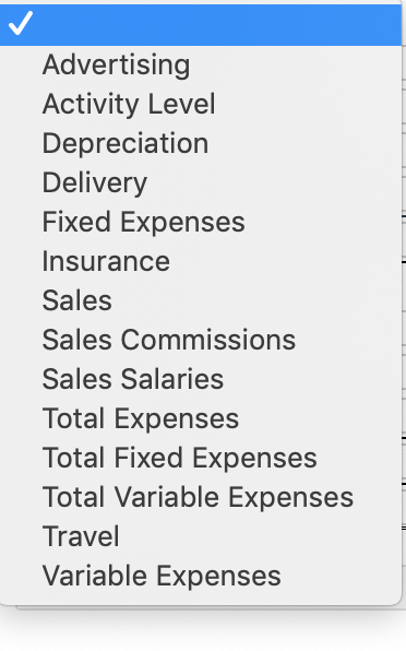 Advertising Activity Level Depreciation Delivery Fixed Expenses Insurance Sales Sales Commissions Sales Salaries Total Expens