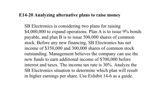 E14-20 Analyzing alternative plans to raise money SB Electronics is considering two plans for raising $4,000,000 to expand op