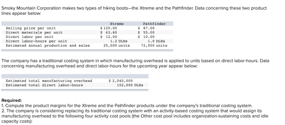 Smoky Mountain Corporation makes two types of hiking boots—the Xtreme and the Pathfinder. Data concerning these two product l