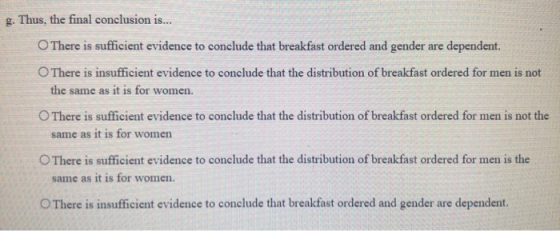 g. Thus, the final conclusion is... There is sufficient evidence to conclude that breakfast ordered and gender are dependent.