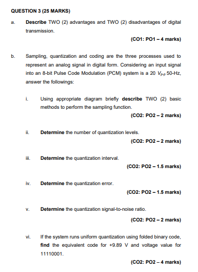 QUESTION 3 (25 MARKS) Describe TWO (2) advantages and TWO (2) disadvantages of digital transmission (C01: P01 - 4 marks) b Sa