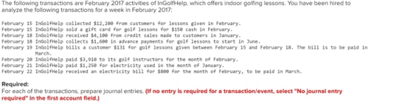 The following transactions are February 2017 activities of InGolf Help, which offers indoor golfing lessons. You have been hi