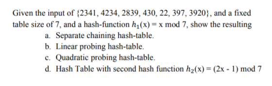 Given the input of (2341,4234, 2839, 430, 22, 397, 3920;, and a fixed table size of 7, and a hash-function h1(x)-x mod 7, sho