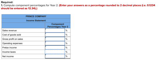Required: 1. Compute component percentages for Year 2. (Enter your answers as a percentage rounded to 2 decimal places (i.e.