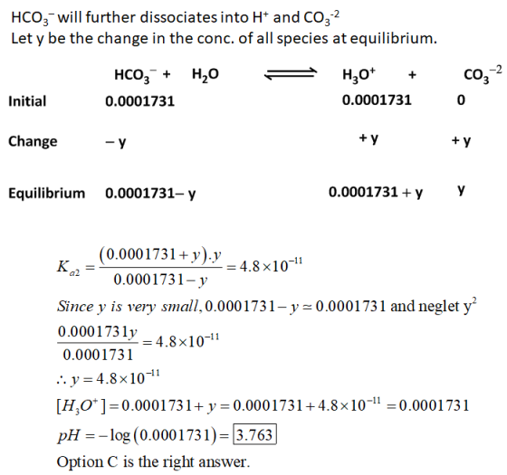 HCO, will further dissociates into H+ and CO2:2 Let y be the change in the conc. of all species at equilibrium. H2O co, -2 HC