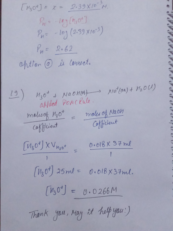 - [1304] = x= 2.39 810 ²M, Pur - log (2.39 810-3) Pu= 2062 option @ is correcto /// / 130+ + Naoneart matcaa) + H₂O) appled P