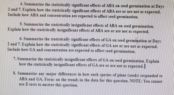 4. Summarize the statistically significant effects of ABA on seed germination at Days 2 and 7. Explain how the statistically