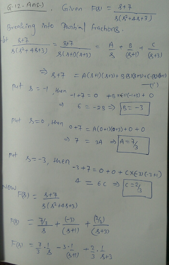 Q. 12-Ans-) Given FB) = 8 +7 s(8² +48 +3) Breaking into Partial fractions at 847 = 847 = A + B & c & (83+ 4873) 2 ss + 1)(8+3