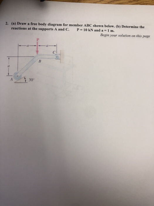 2. (a) Draw a free body diagram for member ABC shown below. (b) Determine the reactions at the supports A and C. P = 10 kN an