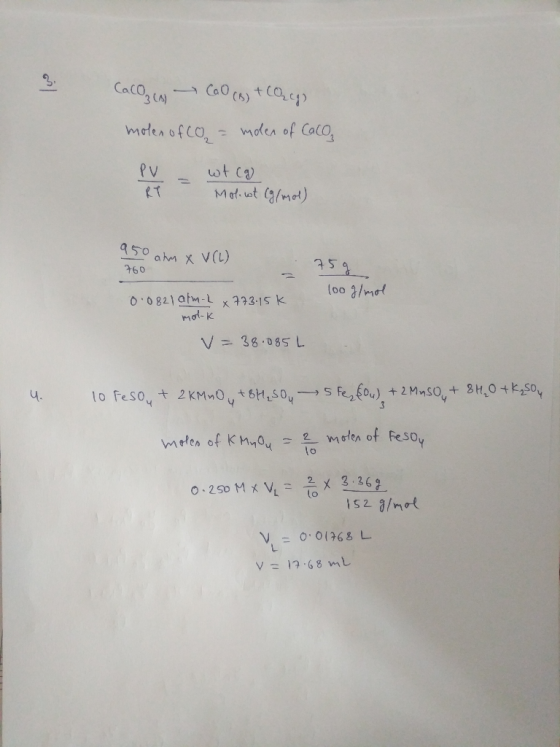 CaCO3 Cao (s) + Cog moles of CO = molen of Caco PV - wt (g) Molint (g/mol) 950 ahm X VOL) 760 75g 100 g/mol 0.0821 atm-L x 77