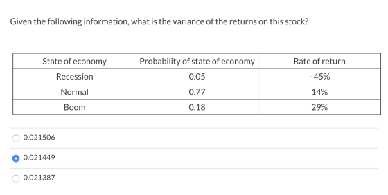 Given the following information, what is the variance of the returns on this stock? Probability of state of economy State of