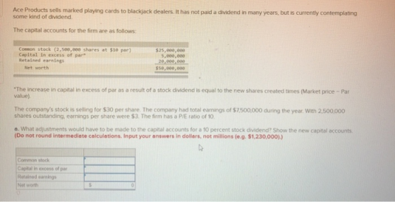 Ace Products sells marked playing cards to blackjack dealers. It has not paid a dividend in many years, but is currently cont
