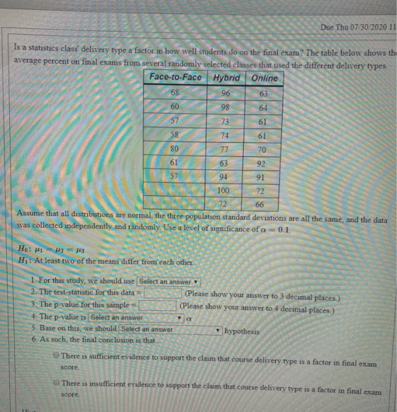 Due Thu 07/30/2020 11 Is a statistics class delivery type a factor in how well students do on the final exam? The table belo