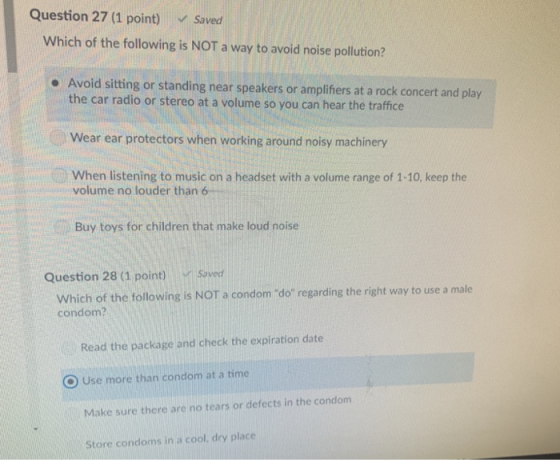 Question 27 (1 point) Saved Which of the following is NOT a way to avoid noise pollution? . Avoid sitting or standing near sp
