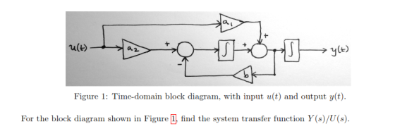 yce) Figure 1: Time-domain block diagram, with input u(t) and output y(t). For the block diagram shown in Figure find the system transfer function Y (s)/U(s).