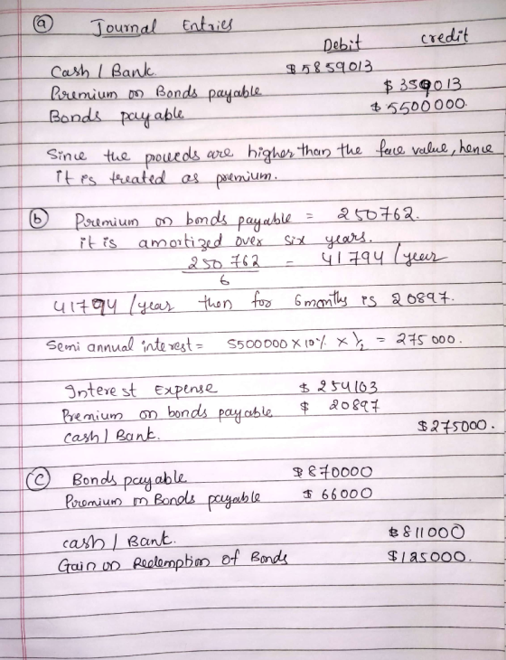 @ Journal Entries Cash I Bank. Premium on Bonds payable Bonds payable Debit credit 85859013 $ 356013 $ 5500000 face value, he
