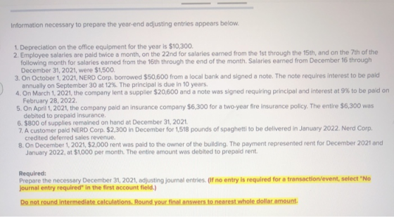 Information necessary to prepare the year-end adjusting entries appears below. 1. Depreciation on the office equipment for th