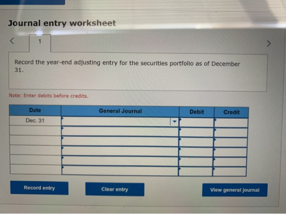 Journal entry worksheet Record the year-end adjusting entry for the securities portfolio as of December 31. Note: Enter debit