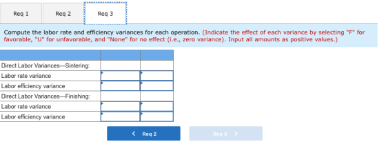 Reg 1 Reg 2 Reg 3 Compute the labor rate and efficiency variances for each operation. (Indicate the effect of each variance b
