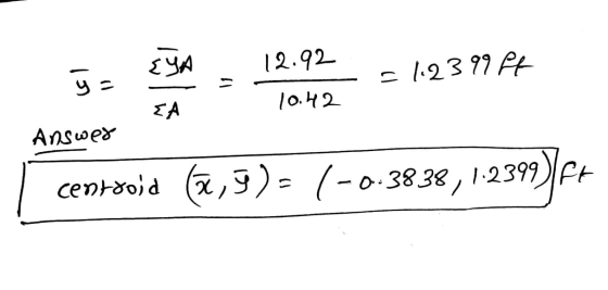 12.92 - = 1.2399 Ft 10.42 Answer | centroid (2,9 )= (-0-3838, 1-2399)]ft