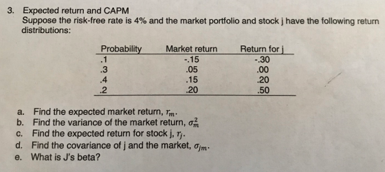 3. Expected return and CAPM Suppose the risk-free rate is 4% and the market portfolio and stock j have the following return d