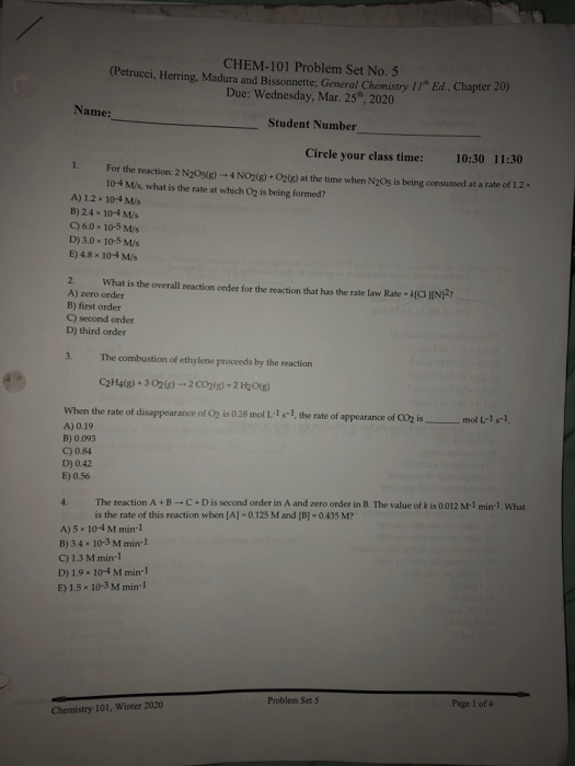 CHEM-101 Problem Set No. 5 (Petrucci, Herring. Madura and Bissonnette: General Chemistry 11 Ed.. Chapter 20) Due: Wednesday,