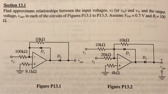 Section 13.1 Find approximate relationships between the input voltages, vi (or Vin) and v2, and the output voltage, Vour, in