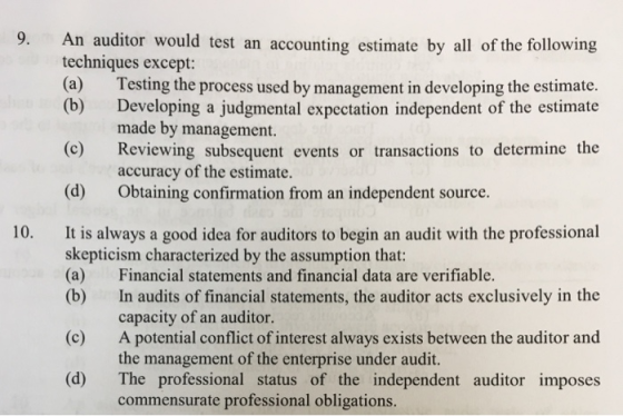 9. An auditor would test an accounting estimate by all of the following techniques except: (a) Testing the process used by ma