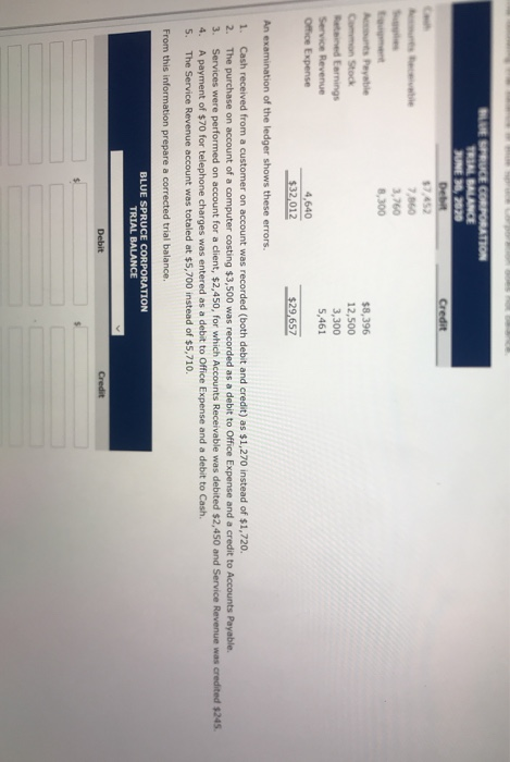 ESTRUCE CORPORATION TRIAL BALANCE UNE 30, 2020 Debt Credit 7.60 3,760 8,300 Pevable $8,396 Common Stock 12,500 ned Earnings 3
