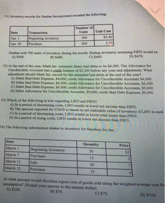 31) Inventory records for Dunbar Incorporated revealed the following Number of Units Transaction Unit Cost 500 Beginning inve